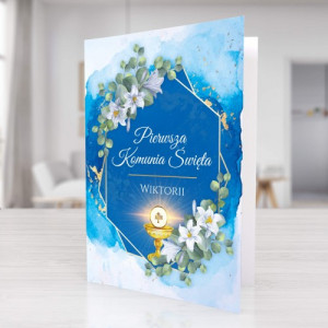 Kartka komunijna z personalizowanymi życzeniami - Kielich i Lilie