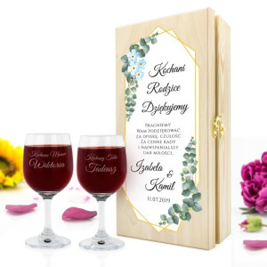 Skrzynka na wino z kieliszkami na podziękowanie dla rodziców - Dziękujemy