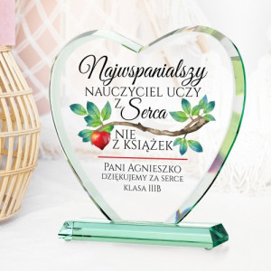 Szklane serce z nadrukiem na prezent dla wychowawcy - Wiedza z Serca
