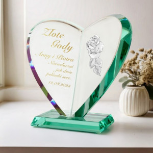 Serce ze szkła z dedykacją i różą na rocznicę ślubu - Złote Gody