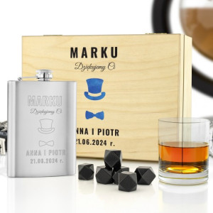 Piersiówka, szklanka i kamienie do whisky w skrzynce dla świadka - Galant