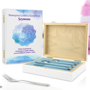 Sztućce dla dzieci z grawerem w pudełku na chrzciny - Niebieski Gołąbek