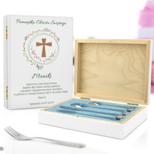 Sztućce dla dzieci z grawerem w szkatułce na chrzest - Kwiecisty Krzyż