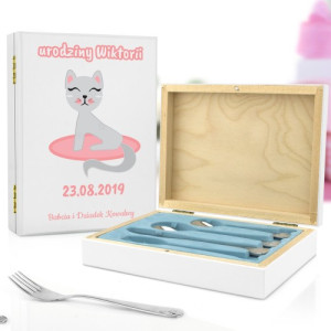 Sztućce dla dzieci z grawerem w pudełku dla dziewczynki - Szary Kotek
