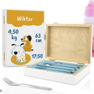 Sztućce dla dzieci z grawerem w pudełku dla chłopca - Piesek z Metryczką