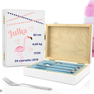 Sztućce dla dzieci z grawerem w pudełku - Flaming z Metryczką