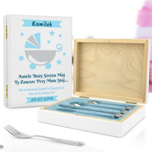 Sztućce dla dzieci z grawerem na prezent na chrzest - Niebieski Wózek