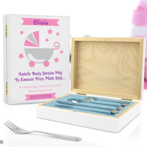 Sztućce dla dzieci z grawerem na prezent na chrzciny - Różowy Wózek