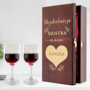 Skrzynka na wino z grawerem i kieliszkami dla siostry - Najukochańsza