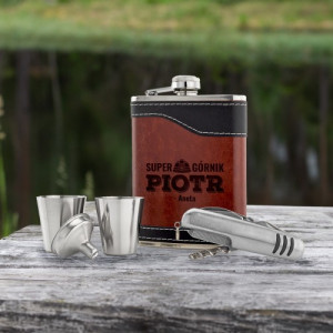 Piersiówka z grawerem, kieliszek i scyzoryk dla górnika - Super Górnik