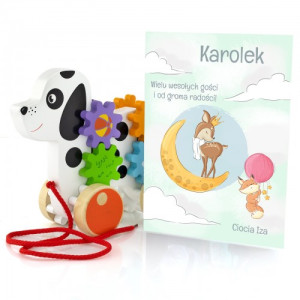 Piesek do ciągnięcia Viga Toys i kartka dla chłopca - Od groma radości