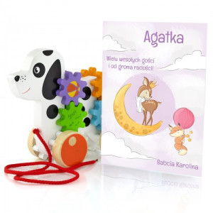 Piesek do ciągnięcia Viga Toys i kartka dla dziewczynki - Bajkowa kraina