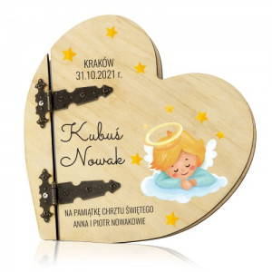 Drewniany album serce z nadrukiem - Dzień Twojego Chrztu