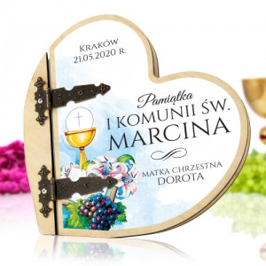Drewniany album serce z nadrukiem na komunię - Hostia i Winorośl