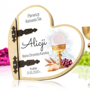 Drewniany album serce z nadrukiem na komunię - Już się zbliża
