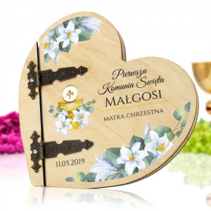 Drewniany album serce z nadrukiem na komunię - Hostia i kwiaty