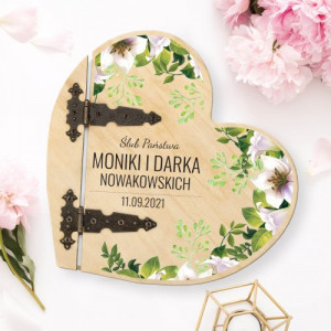 Drewniany album serce z nadrukiem  - Wspomnienia ze ślubu