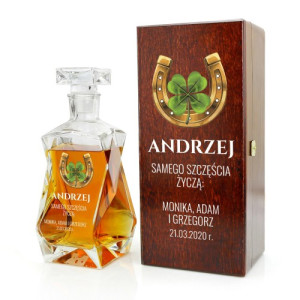 Karafka z nadrukiem w drewnianym pudełku dla niego - Złota podkowa