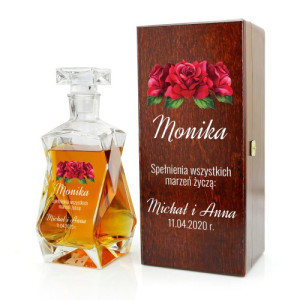 Karafka z nadrukiem w drewnianym pudełku dla niej - Róża czerwona