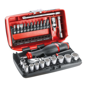 Zestaw nasadowy 1/4" z grzechotką serii L, nasadki 12-kątne, 5,5-14 mm