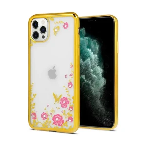 Etui do iPhone 12 Pro Max silikonowe transparentne błyszczące z kwiatami Diamond złote