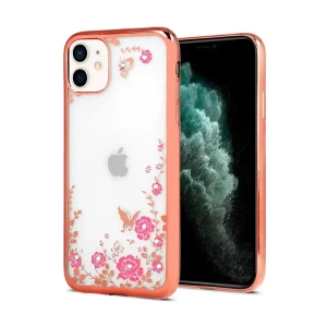 Etui do iPhone 12 silikonowe transparentne błyszczące z kwiatami Diamond, złoty róż