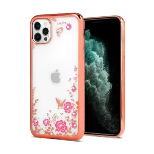Etui do iPhone 12 Pro Max silikonowe transparentne błyszczące z kwiatami Diamond złoty róż
