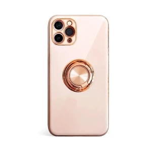 Etui do iPhone 12 Pro eleganckie, ze złotym, metalowym uchwytem i zdobieniami, osłona na aparat, pudrowy róż