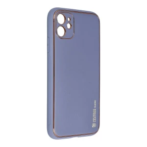 Etui do iPhone 12 minimalistyczne skórzane z ochroną aparatu i złotym wykończeniem, liliowe fioletowe