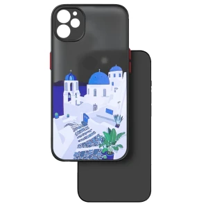 Etui do iPhone 12 Grecja Oia Santorini, matowe półprzeźroczyste, czarne