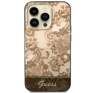 Etui do iPhone 14 Pro Max Guess eleganckie, kwiaty, złota ozdoba, brązowe