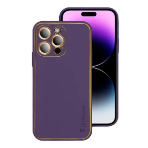 Etui do iPhone 14 Pro Max minimalistyczne skórzane z ochroną aparatu i złotym wykończeniem, głęboka purpura