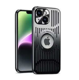 Etui do iPhone 14 z osłoną aparatu, metalowe z widocznym logo, głęboka czerń