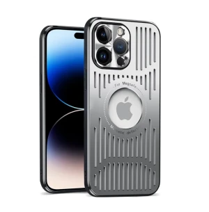 Etui do iPhone 14 Pro Max z osłoną aparatu, metalowe z widocznym logo, srebrne