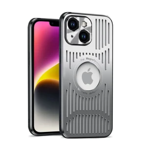 Etui do iPhone 14 z osłoną aparatu, metalowe z widocznym logo, srebrne
