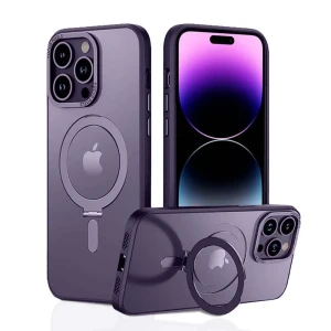 Etui do iPhone 14 Pro Max Metal Cam MagSafe Stand z podstawką, twarde, półprzeźroczyste, purpurowe