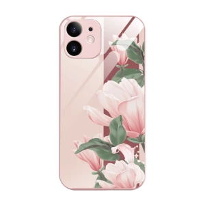 Etui do iPhone 12, szklany tył, osłona kamery, subtelne róże, łososiowe