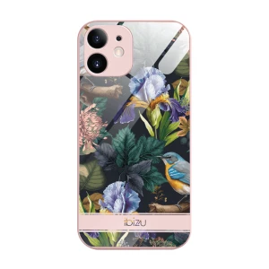 Etui do iPhone 12, szklany tył, osłona kamery, symfonia natury, łososiowe