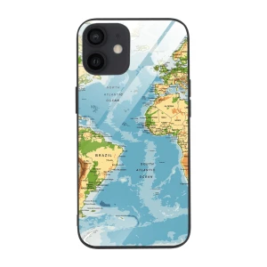 Etui do iPhone 12, szklany tył, mapa świata, czarne