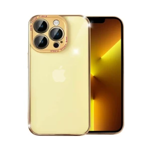 Etui do iPhone 13 Pro metalowa, złota osłona aparatu, krystaliczny tył, złota ramka