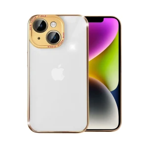 Etui do iPhone 14 metalowa, złota osłona aparatu, krystaliczny tył, złota ramka