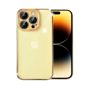 Etui do iPhone 14 Pro metalowa, złota osłona aparatu, krystaliczny tył, złota ramka