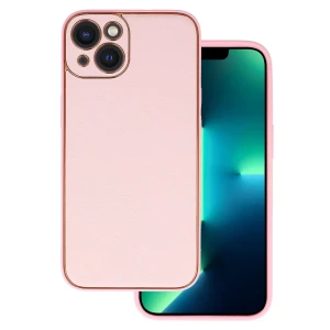 Etui do iPhone 13 minimalistyczne, skórzane z ochroną aparatu i złotym wykończeniem, różowe