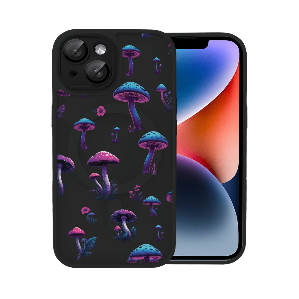 Etui do iPhone 14 Color Flush z Magsafe, z osłoną aparatu, z nadrukiem magiczne grzybki, czarne