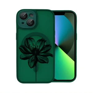 Etui do iPhone 13 Color Flush z Magsafe, z osłoną aparatu, z nadrukiem czarny kwiat, ciemno zielone