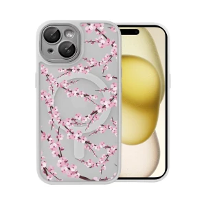 Etui do iPhone 15, Color Flush z Magsafe, z osłoną aparatu, z nadrukiem sakura, kwiat wiśni, popielate