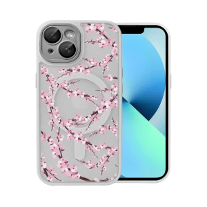 Etui do iPhone 13, Color Flush z Magsafe, z osłoną aparatu, z nadrukiem sakura, kwiat wiśni, popielate