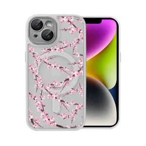 Etui do iPhone 14, Color Flush z Magsafe, z osłoną aparatu, z nadrukiem sakura, kwiat wiśni, popielate
