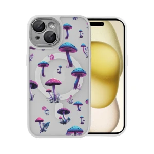 Etui do iPhone 15 Color Flush z Magsafe, z osłoną aparatu, z nadrukiem magiczne grzybki, popielate