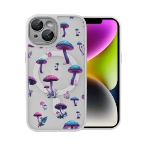 Etui do iPhone 14 Color Flush z Magsafe, z osłoną aparatu, z nadrukiem magiczne grzybki, popielate